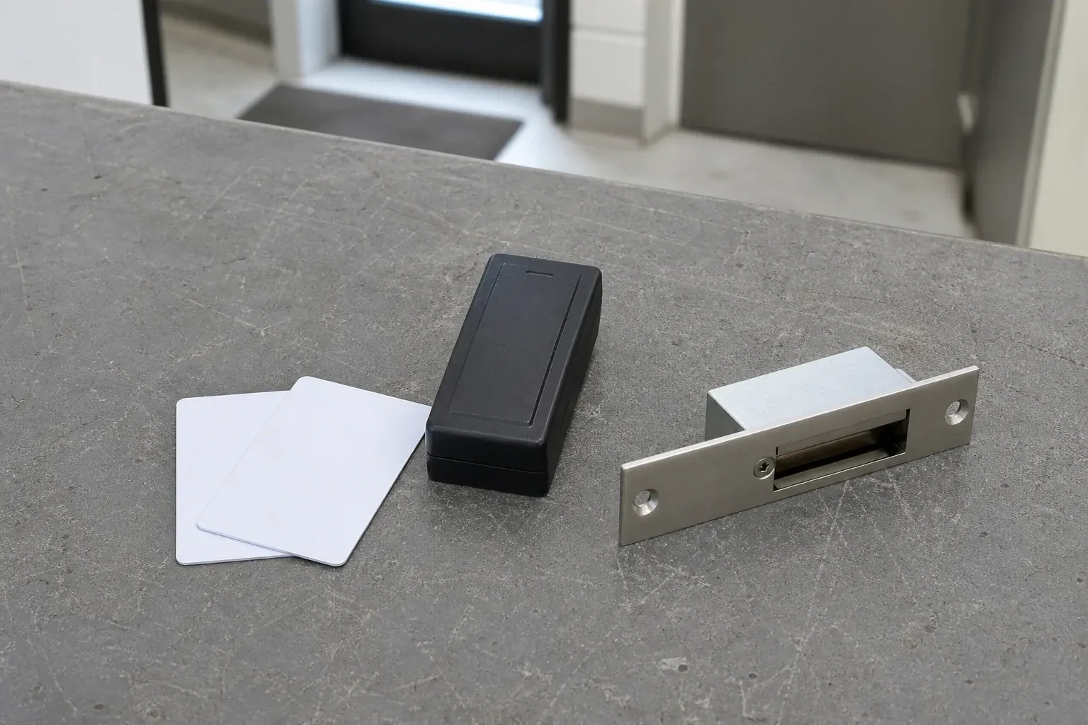 Detached card reader, two plain cards and an electric-strike component on a service bench. — Access Control Installation, Niagara Falls