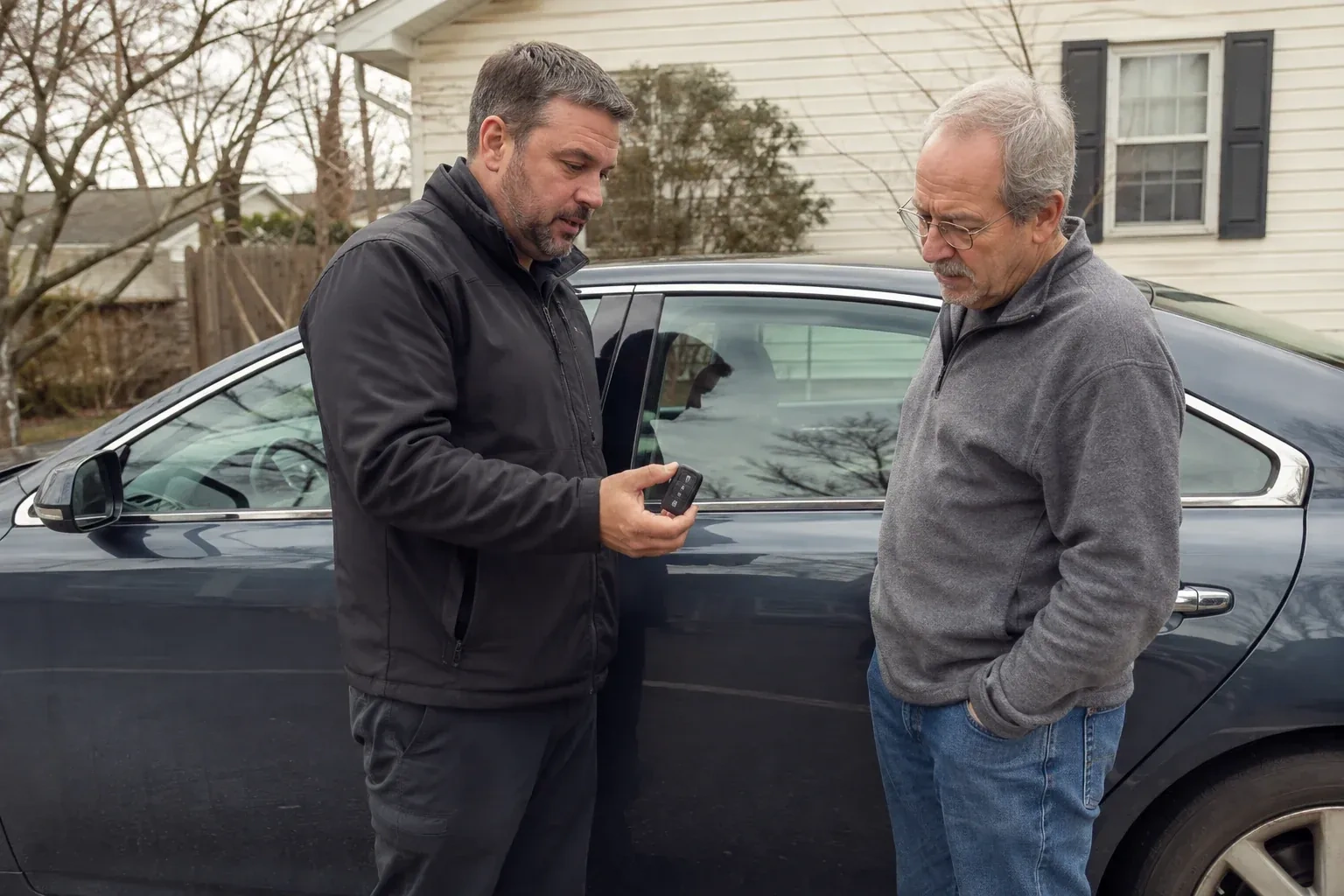 Two people beside a dark sedan, one holding up a black key fob. — Car Lockout Service, Niagara Falls