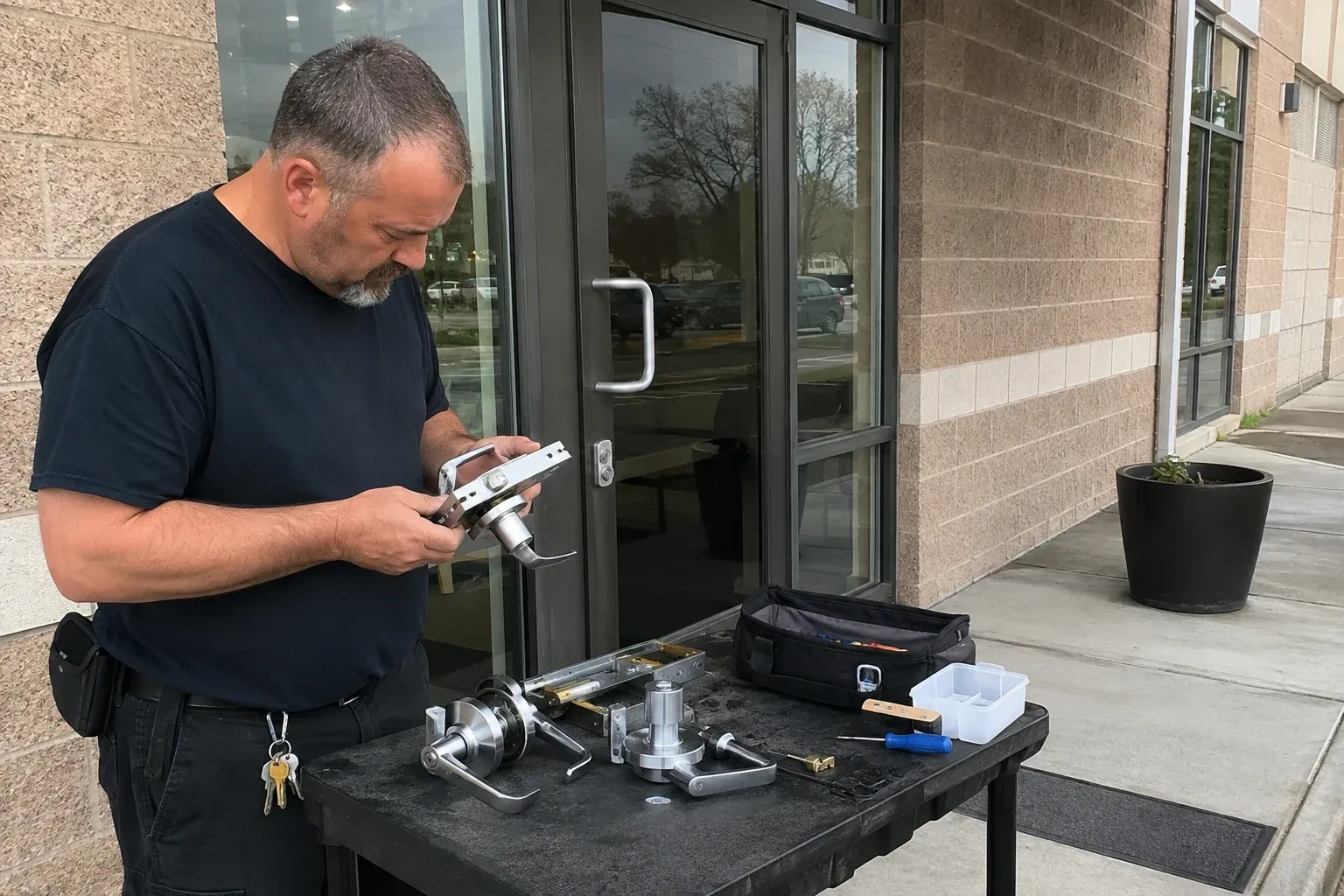 Person holding a door-handle and latch assembly at a worktable outside a glass entrance, with additional handles and tools laid out. — Commercial Rekeying, Niagara Falls