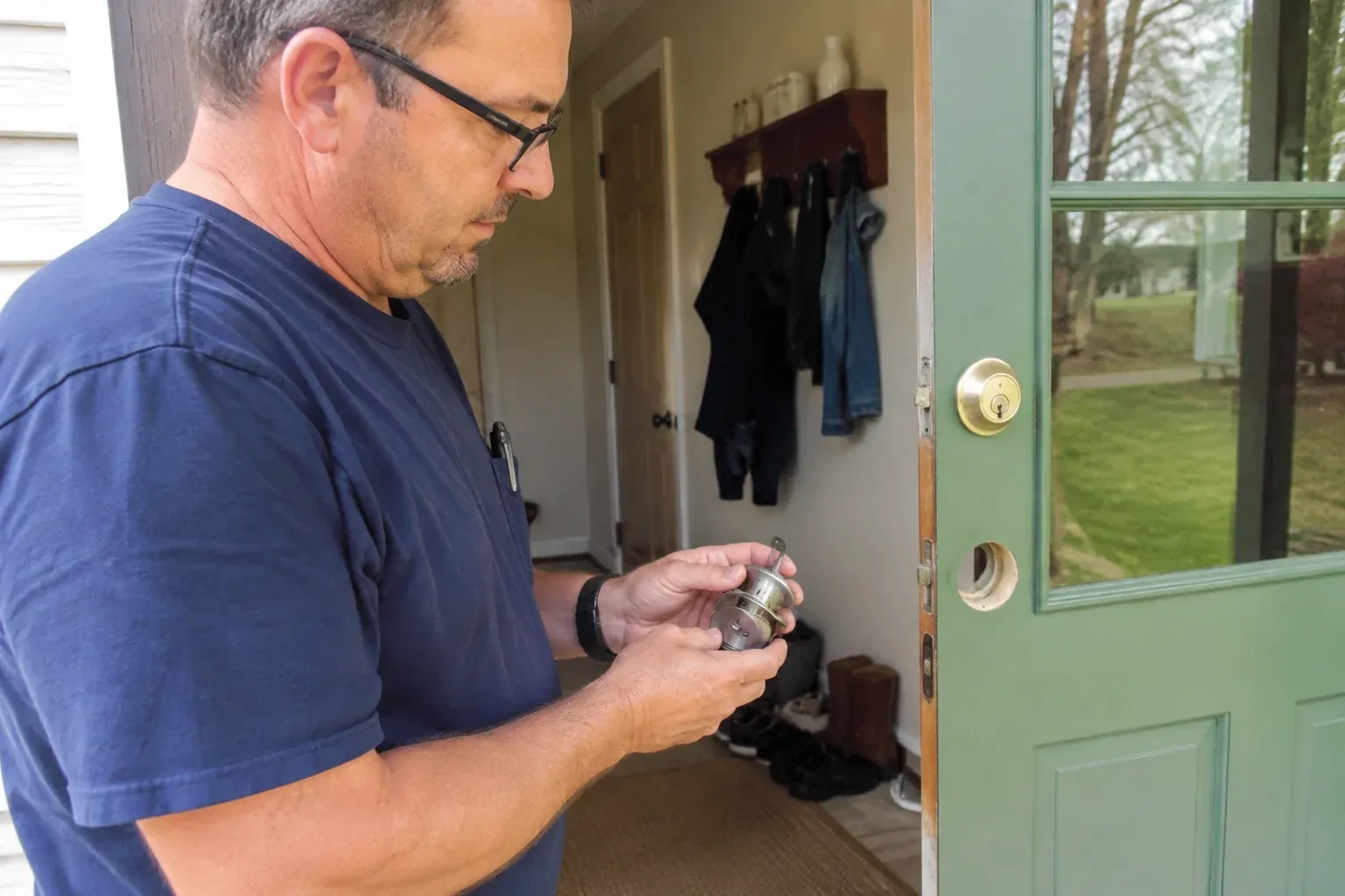 Person holding a cylindrical door-lock assembly beside an open green glazed door with its lower lock opening exposed. — Seized & Jammed Lock Opening, Niagara Falls