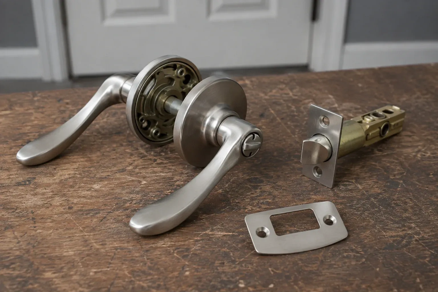 Detached satin-nickel lever hardware, tubular latch and strike plate on a wooden workbench. — Lock Replacement & Upgrade, Niagara Falls