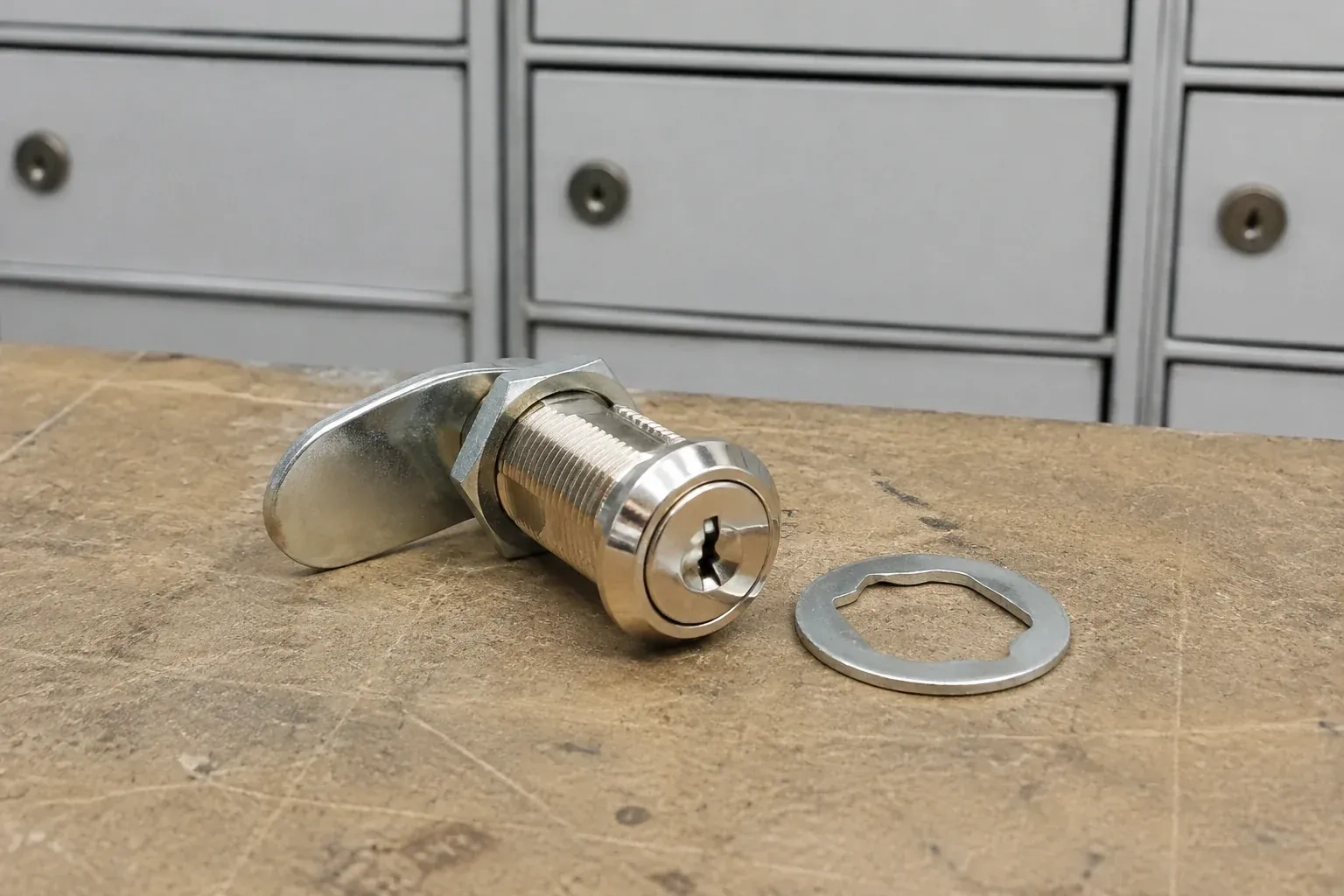 Detached threaded cam lock and mounting washer on a workbench in front of closed mail compartments. — Mailbox Lock Replacement, Niagara Falls