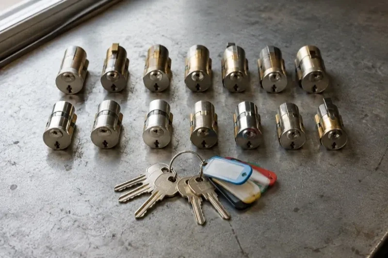 Two rows of lock cylinders on a metal surface with keys and colored key tags in front. — Master Key System Design, Niagara Falls