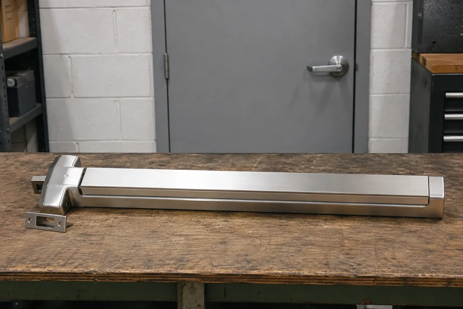 Detached horizontal exit device and separate strike component on a workshop bench. — Panic & Exit Hardware, Niagara Falls