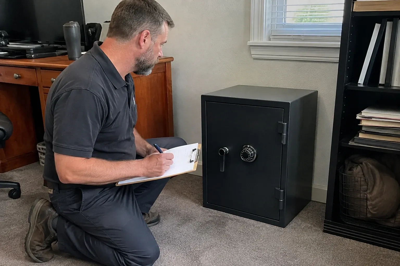 Person writing on a clipboard while kneeling beside a closed black safe with a numbered combination dial in a home office. — Safe Opening & Combination Change, Niagara Falls