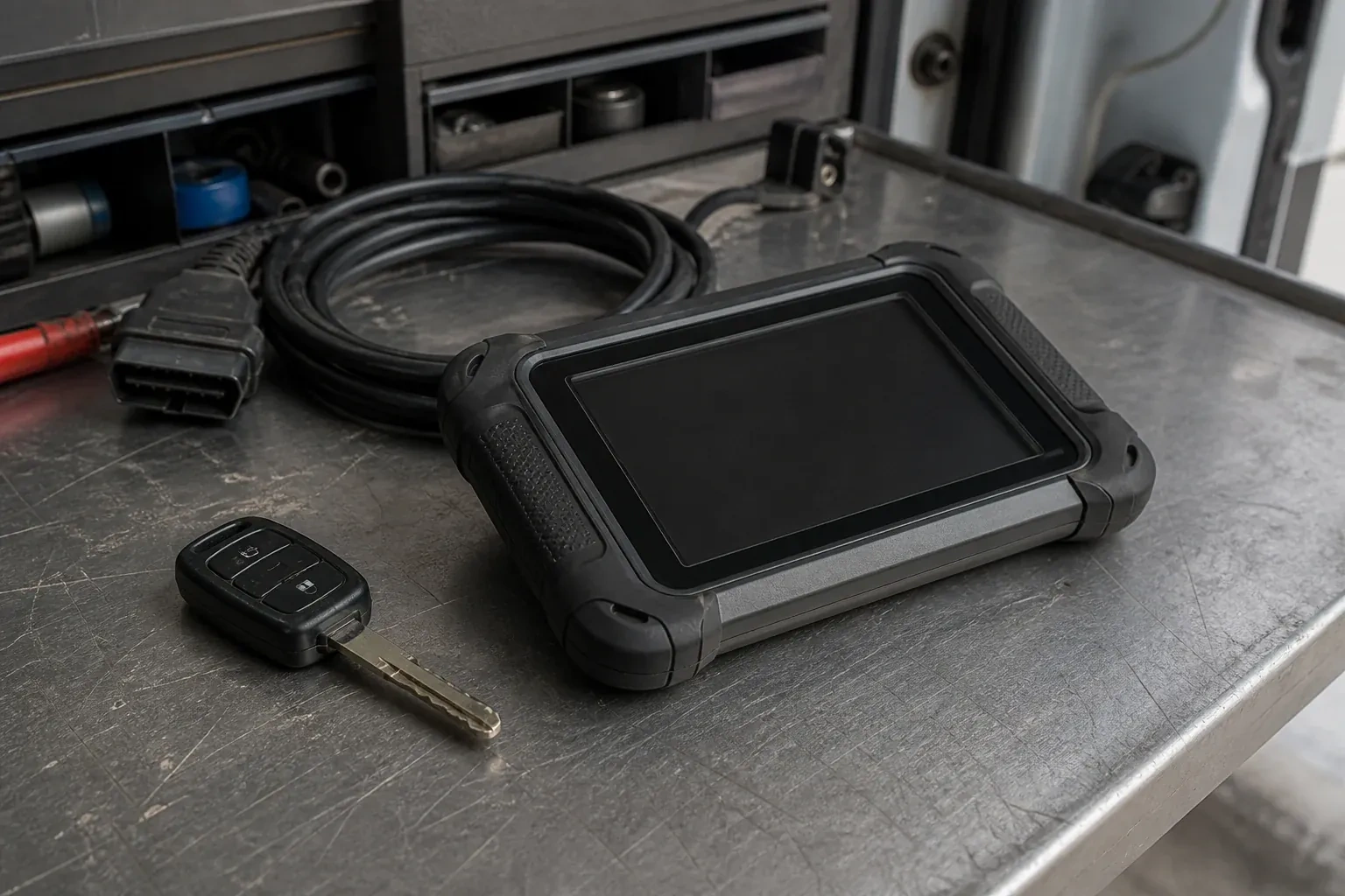 Vehicle key beside a dark diagnostic tablet and coiled connector cable on a workbench. — Transponder Key Programming, Niagara Falls