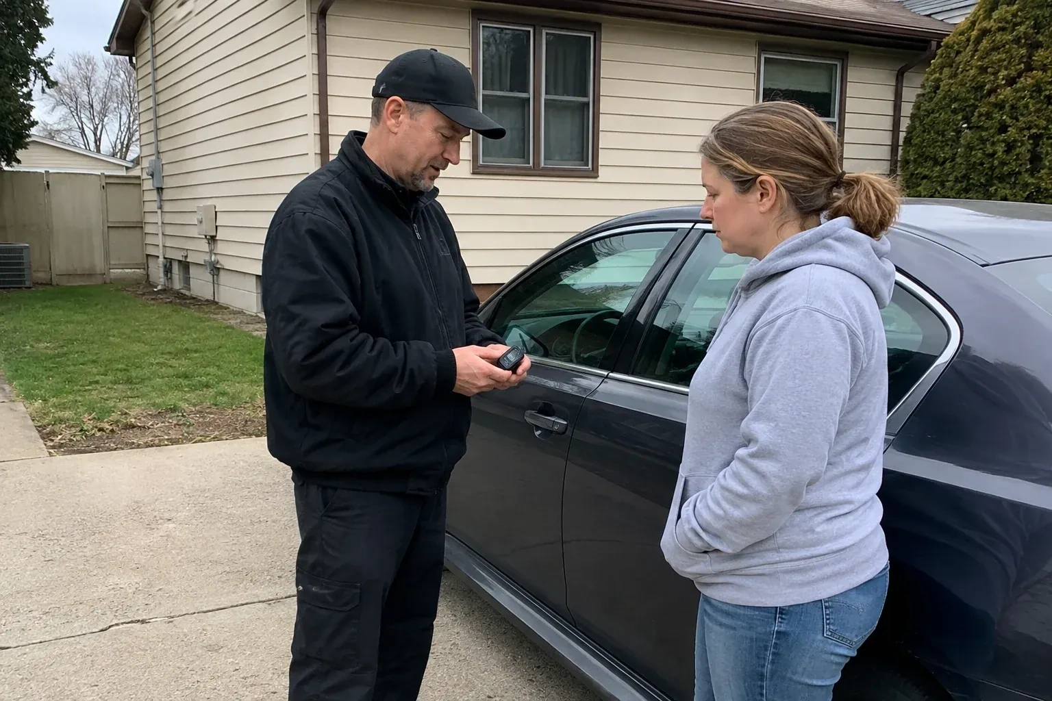 Two people standing beside a parked sedan, one wearing a cap and holding a small black device. — Vehicle Lock Repair, Niagara Falls
