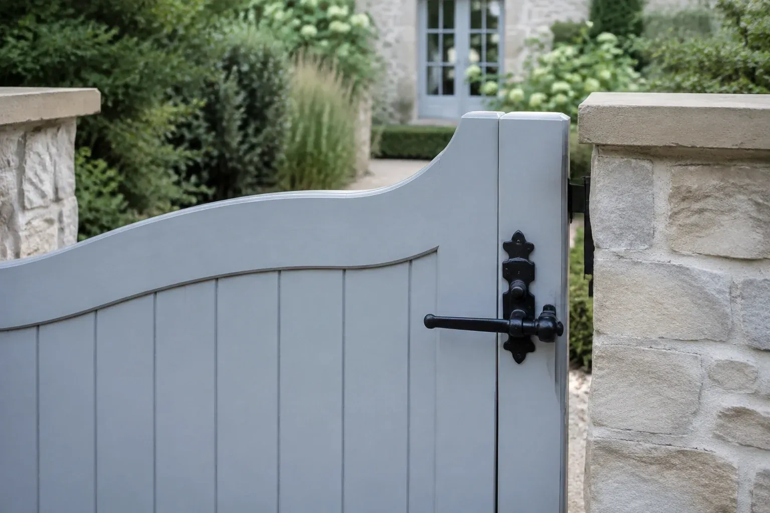 Pale blue garden gate with a black lever latch between light stone pillars. — Gate & Building Entry Locks, Royal