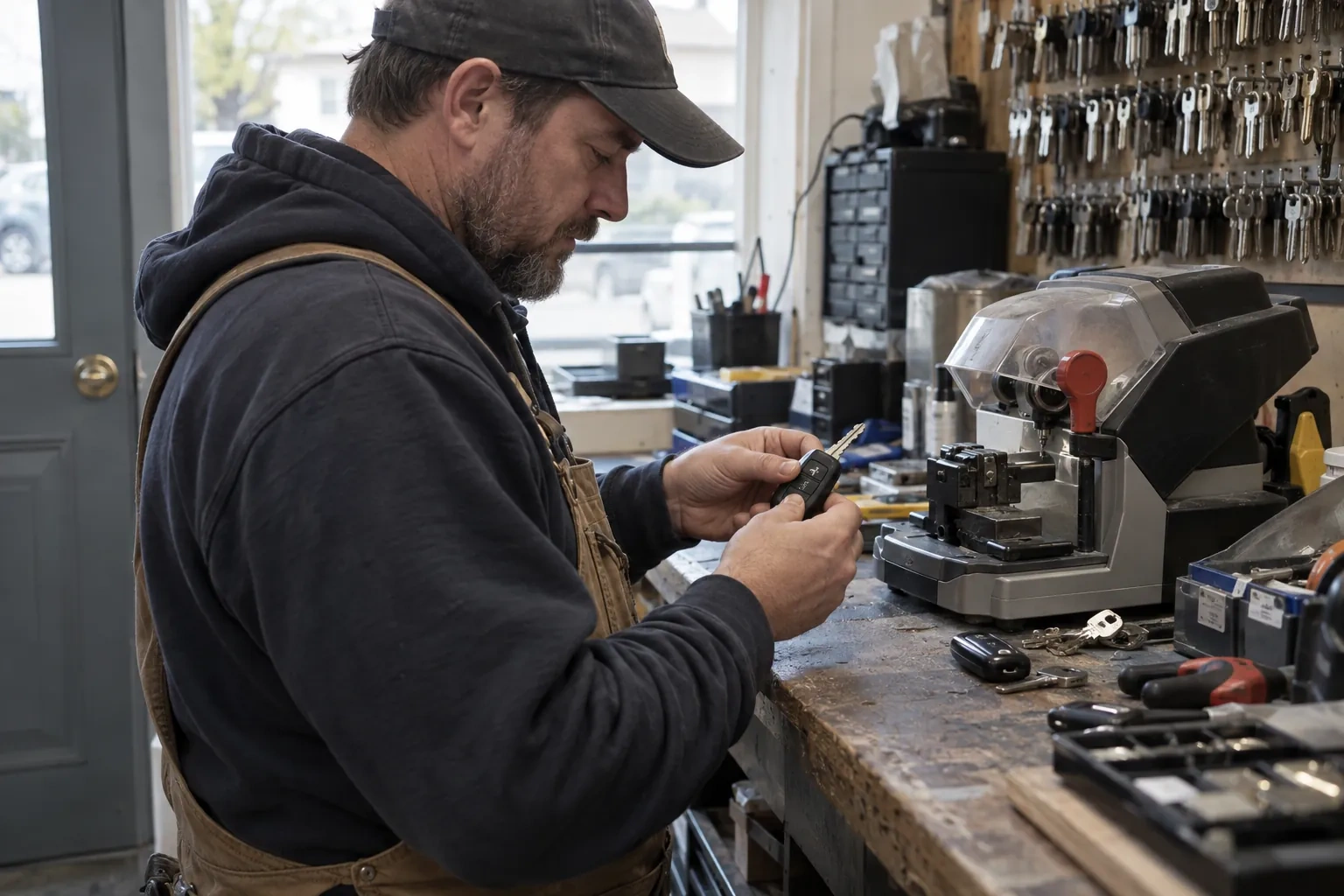 Person in an apron holding a car key fob beside a key-cutting machine, with rows of key blanks on the wall. — Lundy's Lane