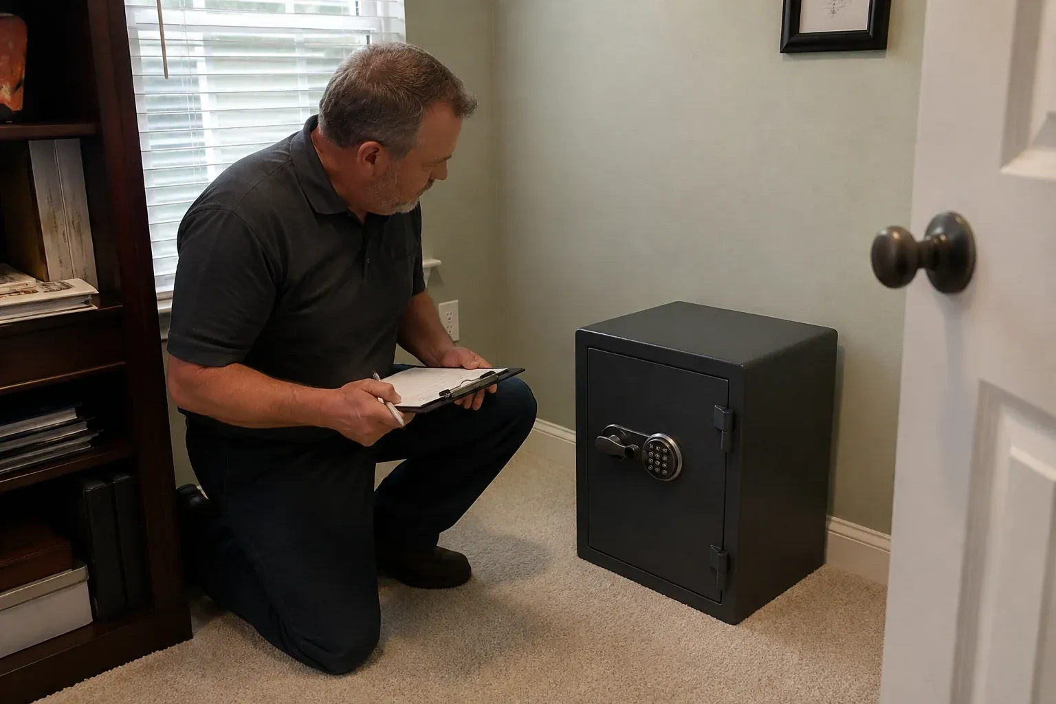 Person holding a clipboard beside a closed black safe with a circular keypad in a carpeted room. — Safe Installation & Servicing, Royal