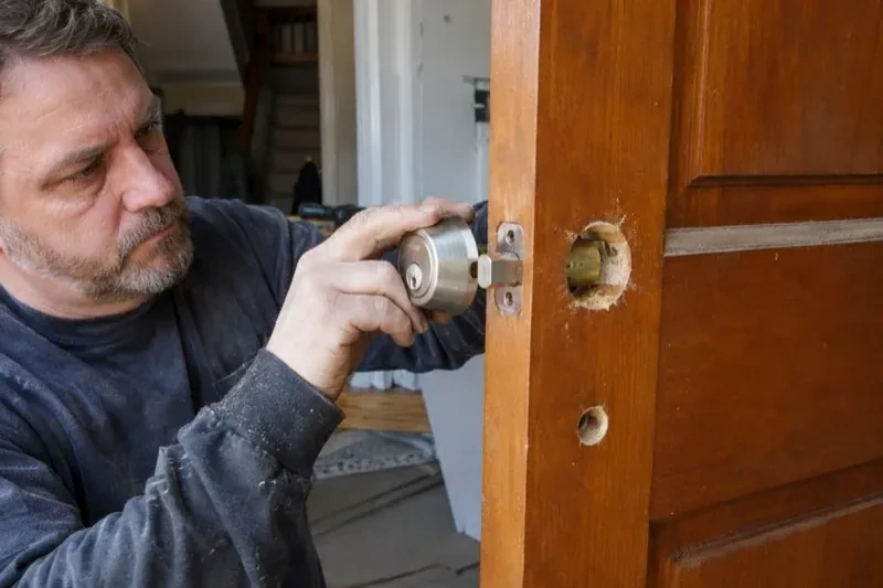 Person holding a silver-colored lock beside an open wooden door with exposed circular holes and a latch at its edge. — Deadbolt Installation, Royal