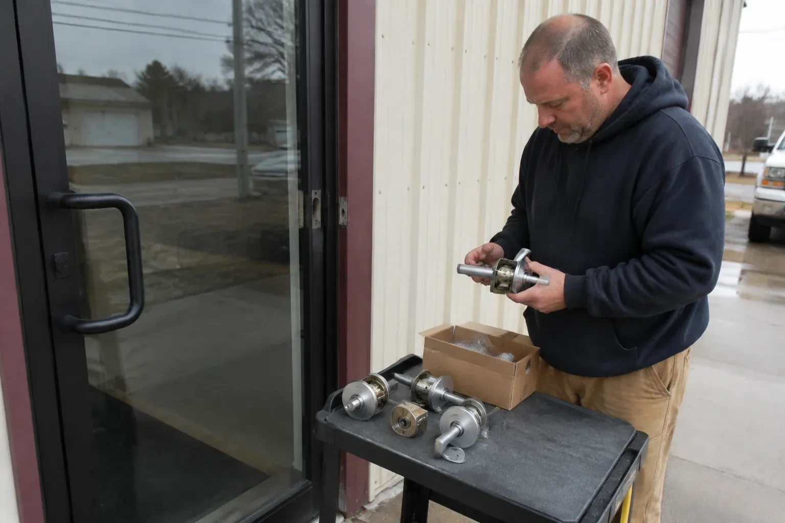 Person holding a door-handle assembly beside a glazed entrance, with more handle and lock components on a cart. — Commercial-Grade Lock Replacement, Lundy's Lane