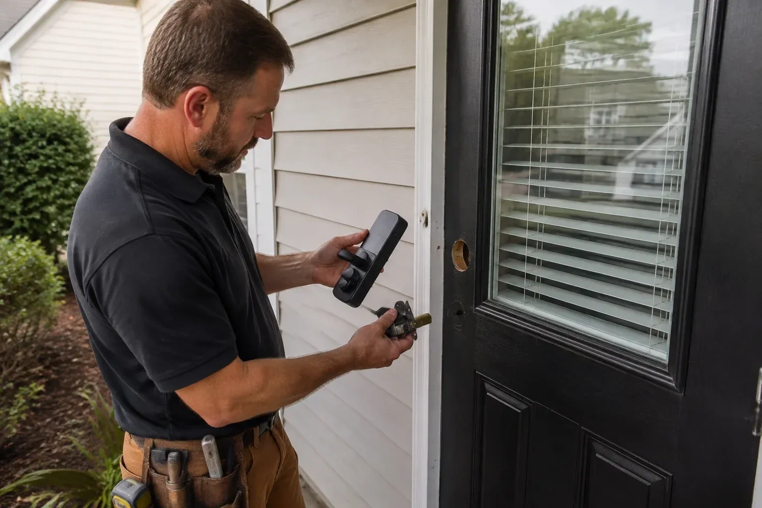 Person holding a black door-handle assembly and a latch beside a glazed door with exposed lock openings. — Smart Lock Installation, Royal