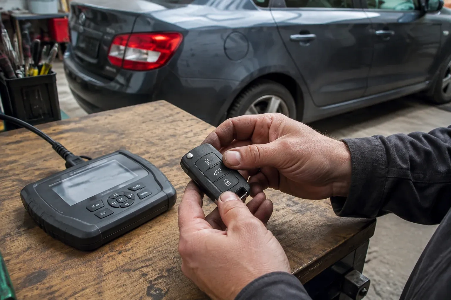 Hands holding a black car key fob above a workbench, beside a wired handheld device with a screen. — Car Key Replacement, Queensway Gardens