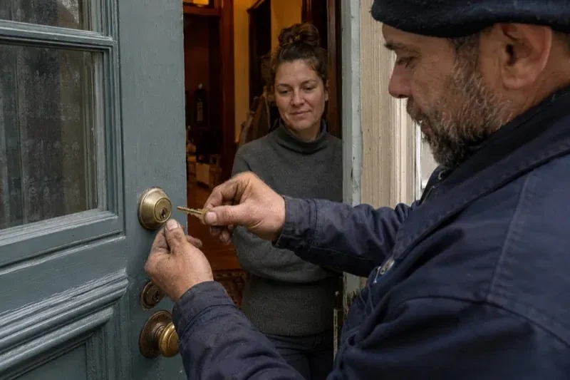 Person holding a key beside a brass-colored deadbolt on an open painted door while another person watches from inside. — Home Lockout Service, Royal