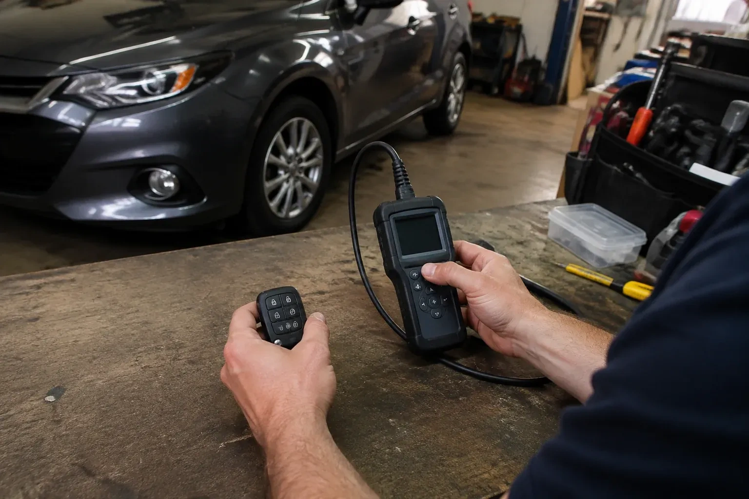 Hands holding a car-key fob and a small wired electronic device above a workbench in a garage with a parked car. — Key Fob Programming, Lundy's Lane