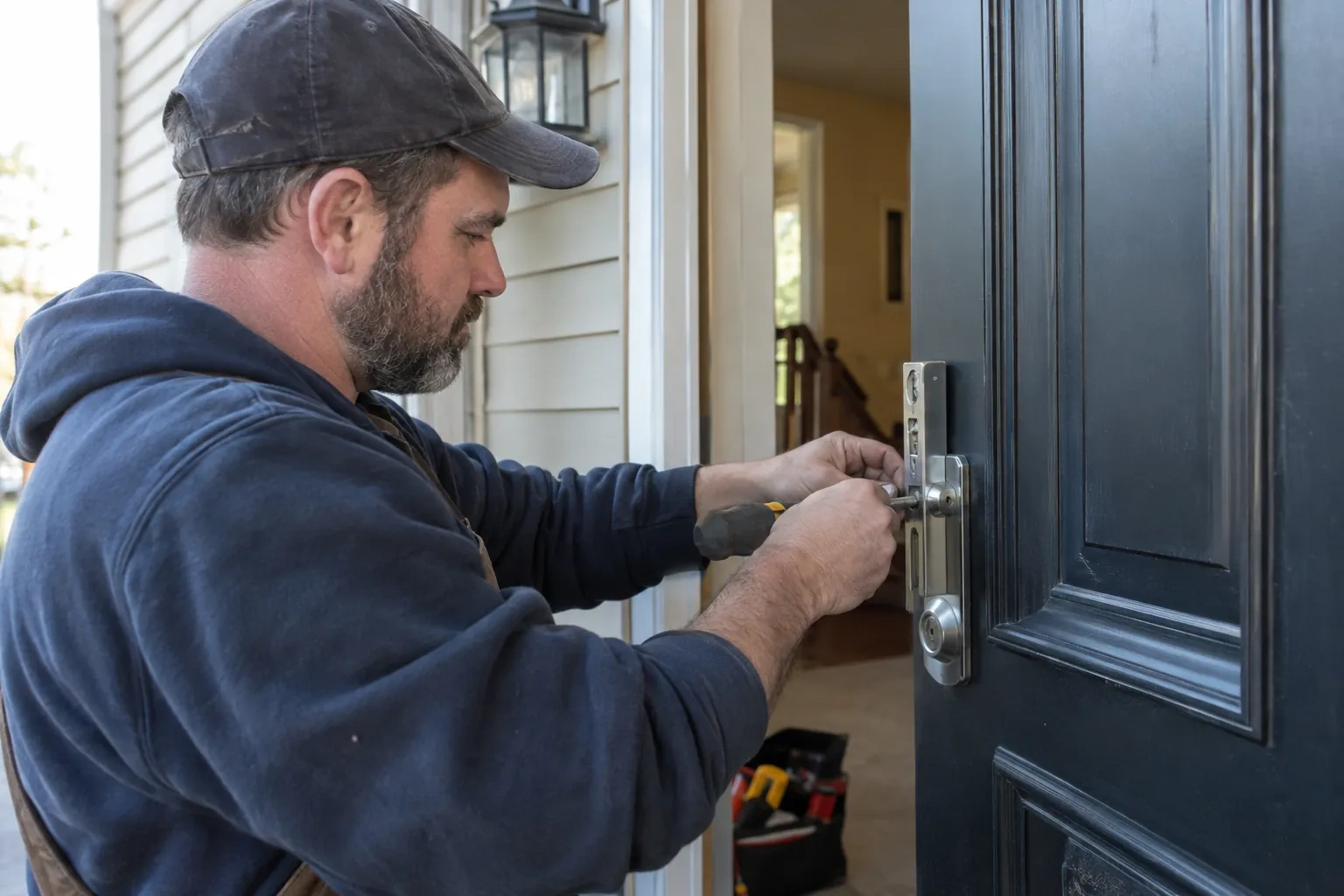 Technician in a cap working a screwdriver at a steel lock plate on a navy door, with an open tool bag behind. — Royal