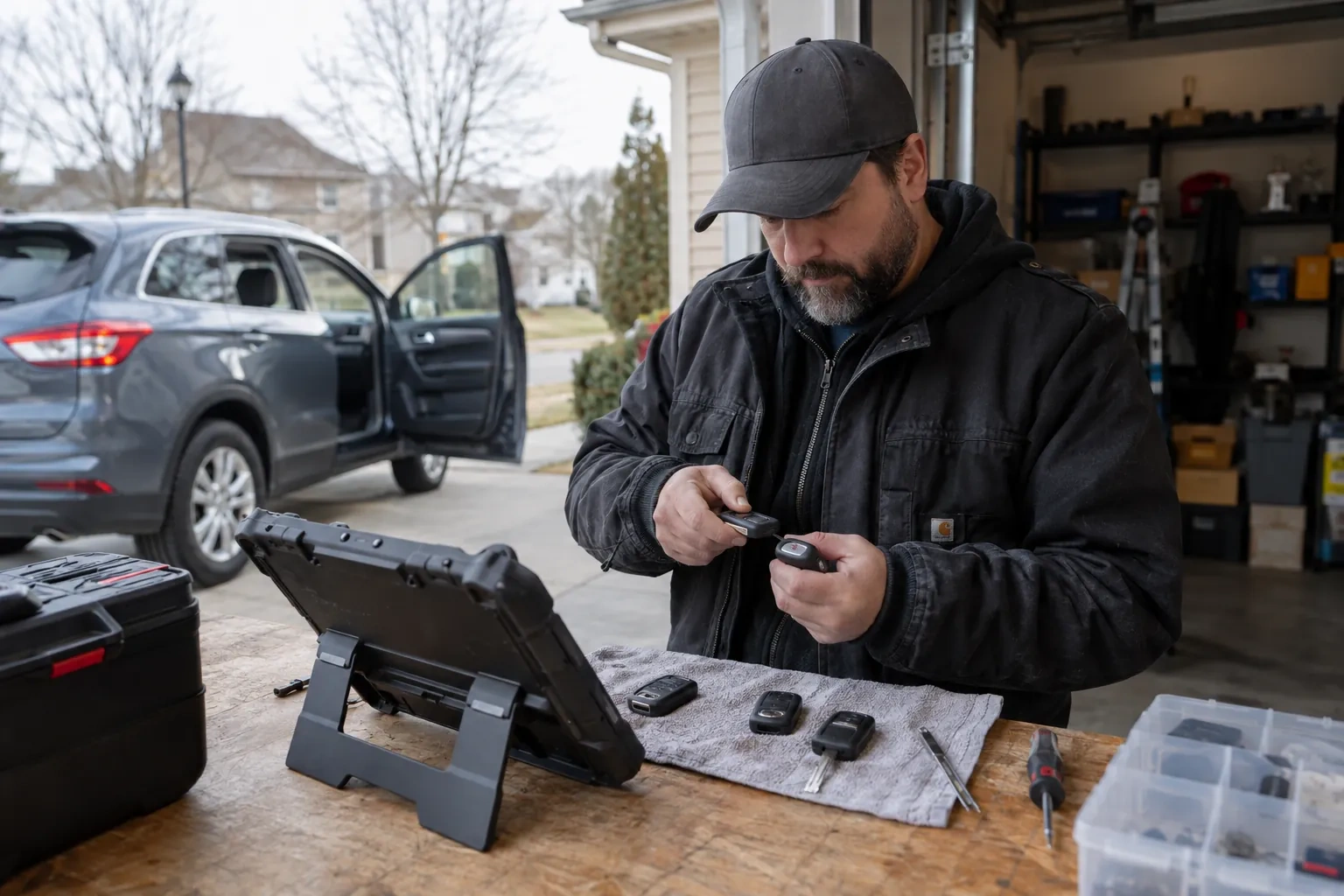 Technician holding two key fobs at a bench with a tablet and three fobs on a gray cloth, an open SUV behind. — Royal
